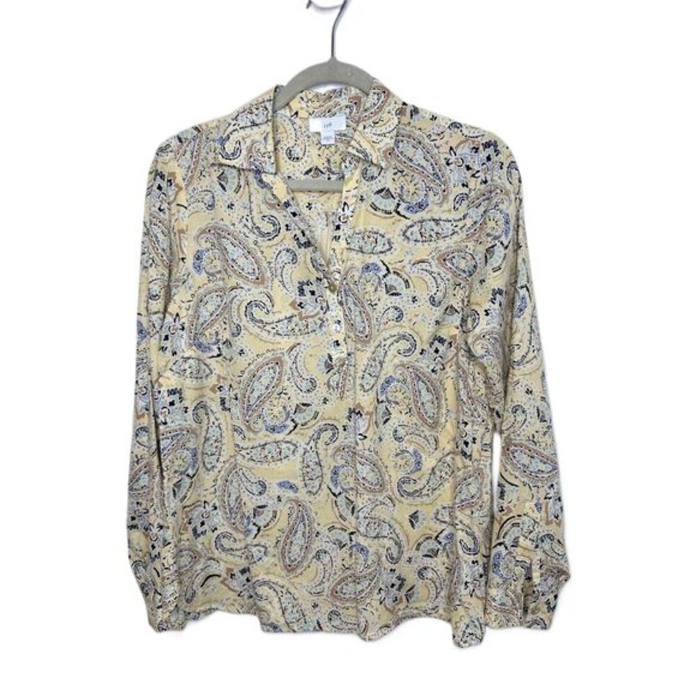 JJill Womens Size XS Yellow Long Sleeve Button Down Paisley Blouse Shirt